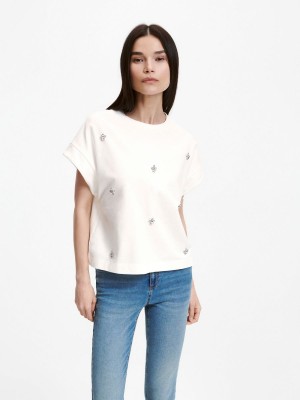 Reserved Kimono T-shirt with decorative rhinestones Ivory | TDQYHWB-06