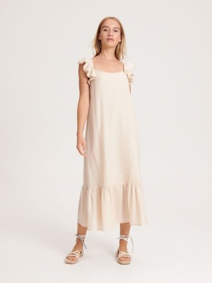 Reserved Maxi dress with frills Beżowe | VFWQKZO-74