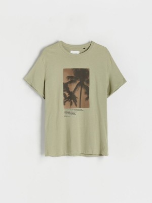 Reserved Regular fit T-shirt with print Khaki | OMDZFGH-78