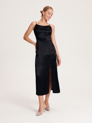 Reserved Satin viscose dress Czarne | IWQHVKD-13