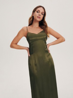 Reserved Satin viscose dress Khaki | ZYSBGNW-05