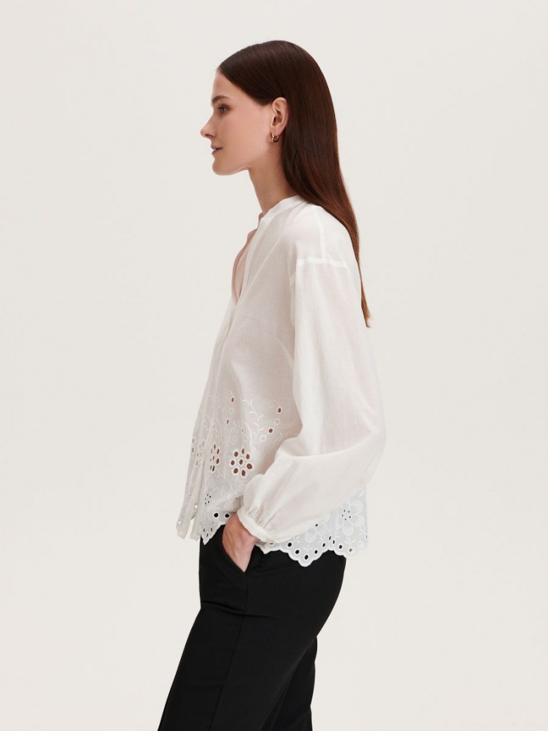 Reserved Bawełniane blouse with embroidery Ivory | FJNSVLW-97