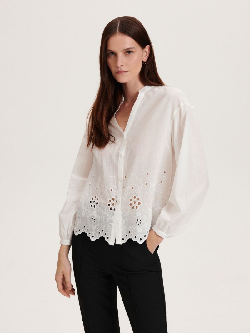 Reserved Bawełniane blouse with embroidery Ivory | FJNSVLW-97