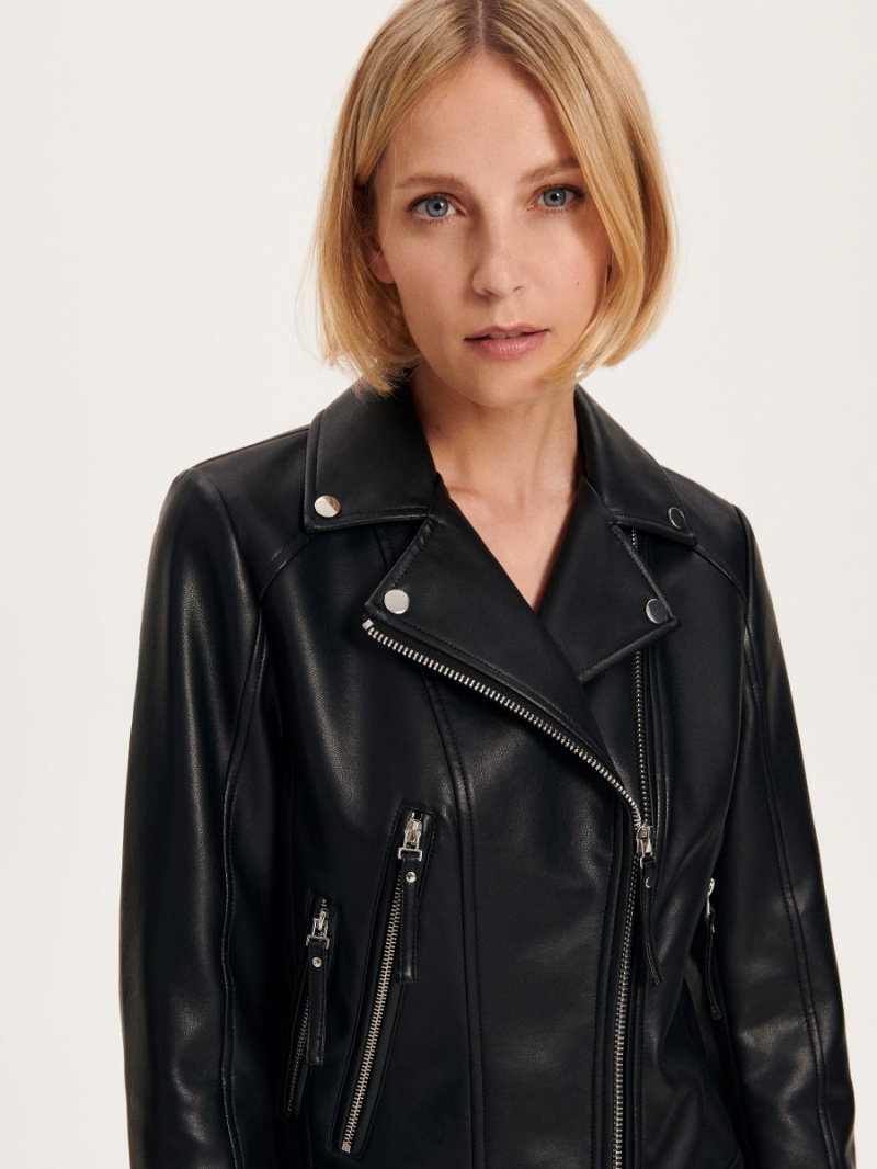 Reserved Faux leather biker jacket Czarne | QVRMYHJ-92