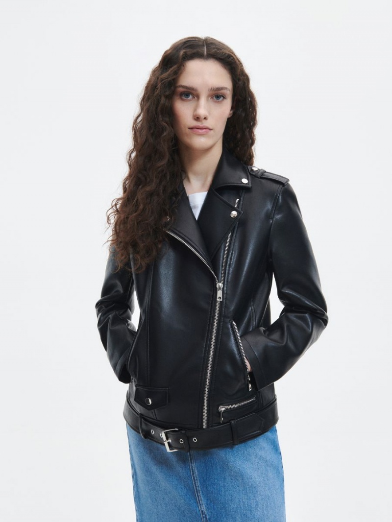 Reserved Faux leather biker jacket Czarne | ZVXUPMJ-02