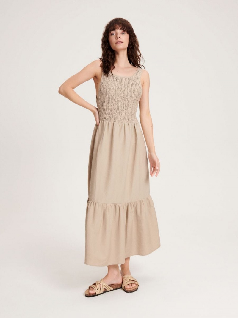 Reserved Maxi dress with gathering Beżowe | YTXWCPR-12