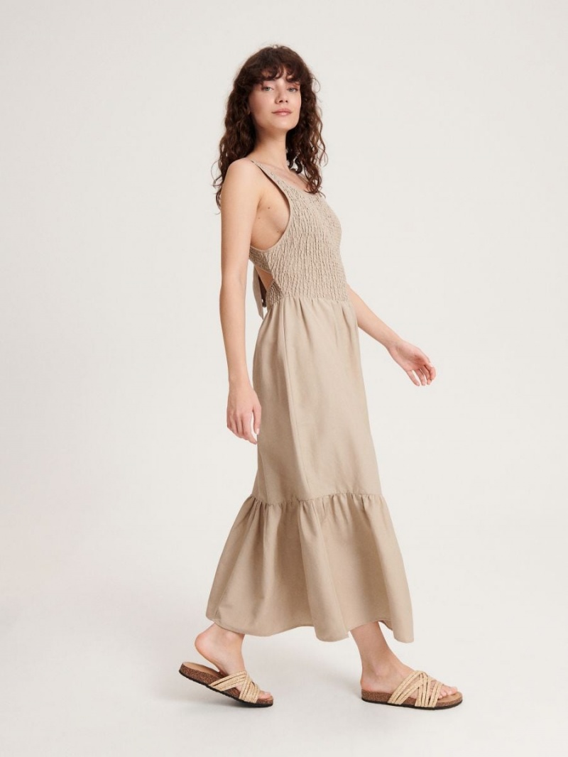 Reserved Maxi dress with gathering Beżowe | YTXWCPR-12