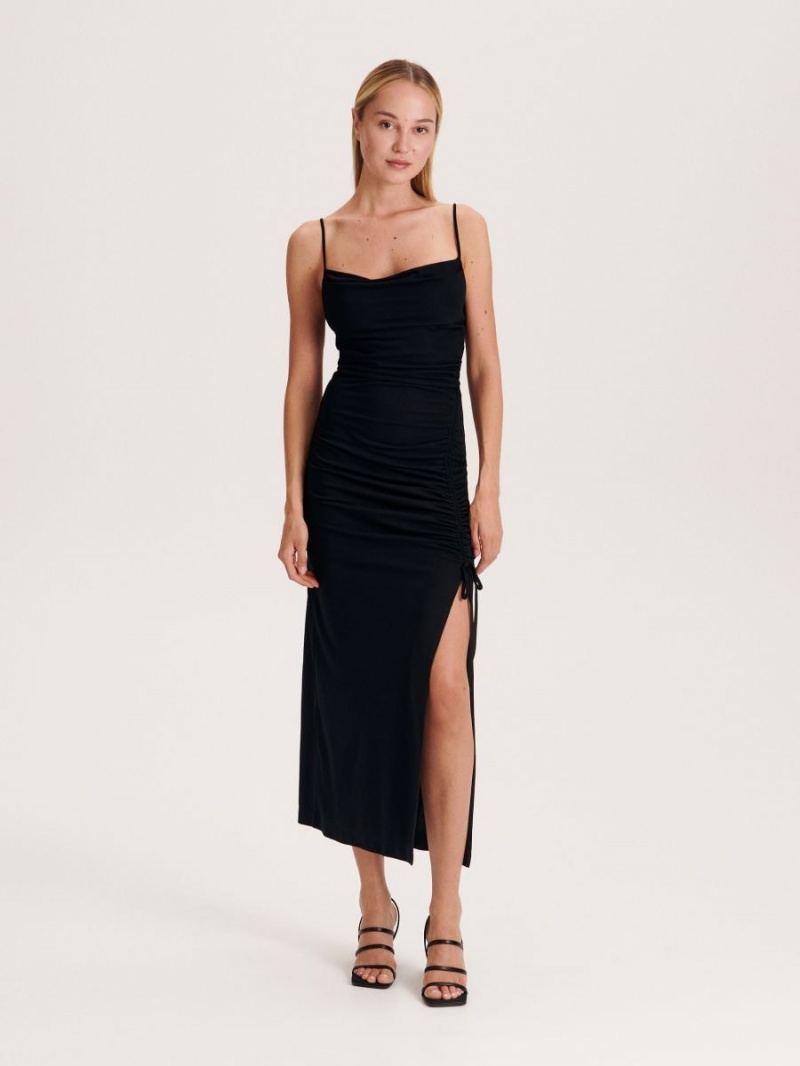 Reserved Midi dress with side drawstring detail Czarne | YROKMZH-89