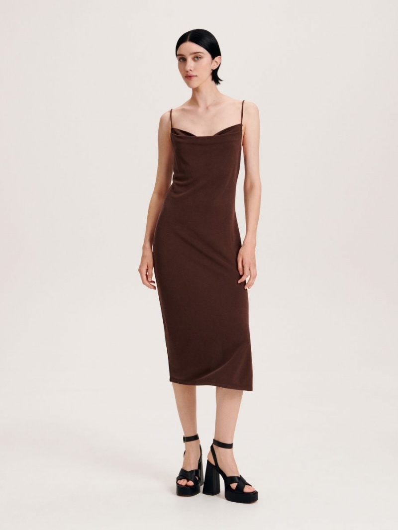 Reserved Modal rich midi dress Brązowe | YLSJFQH-71