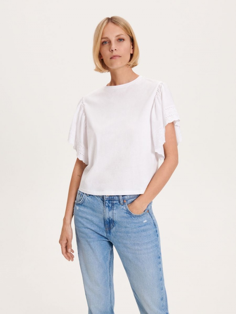 Reserved Regular fit T-shirt with ruffle details Białe | LQNYJBC-36