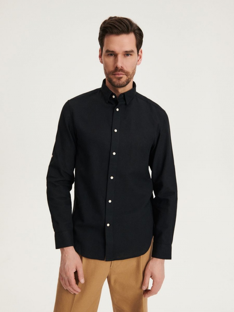 Reserved Regular fit linen rich shirt Czarne | AWZOVDK-15