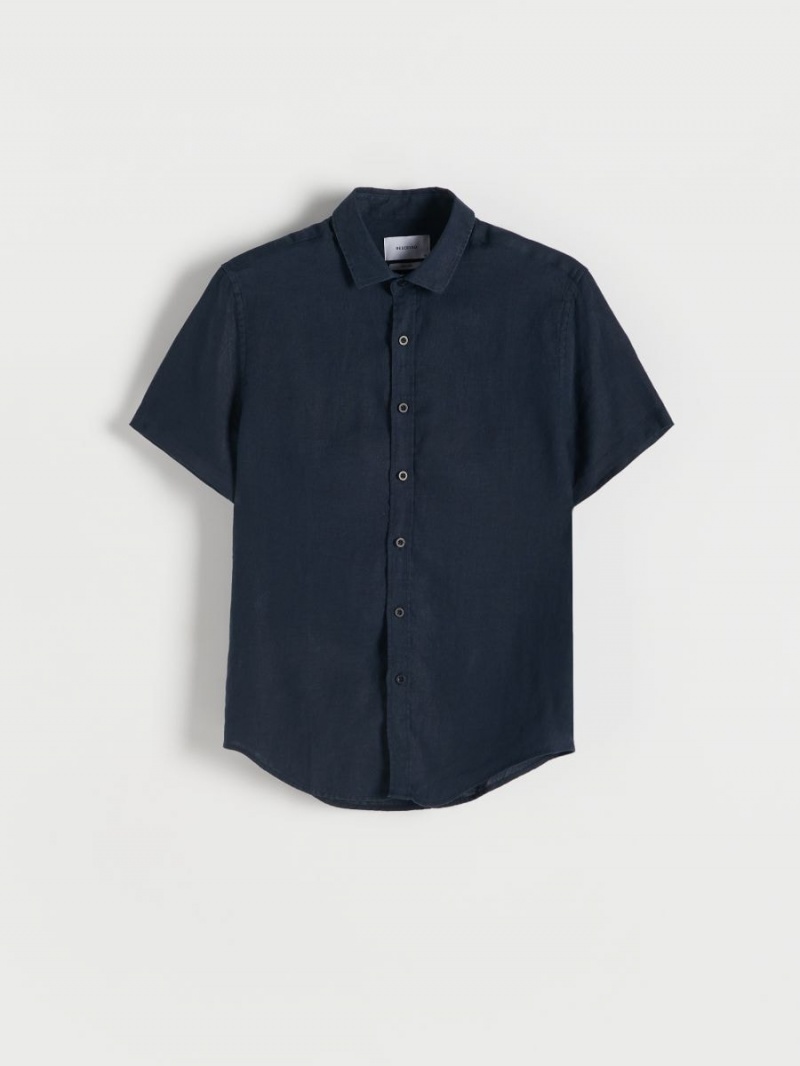 Reserved Regular fit linen shirt Granatowe | VRDPAZE-87