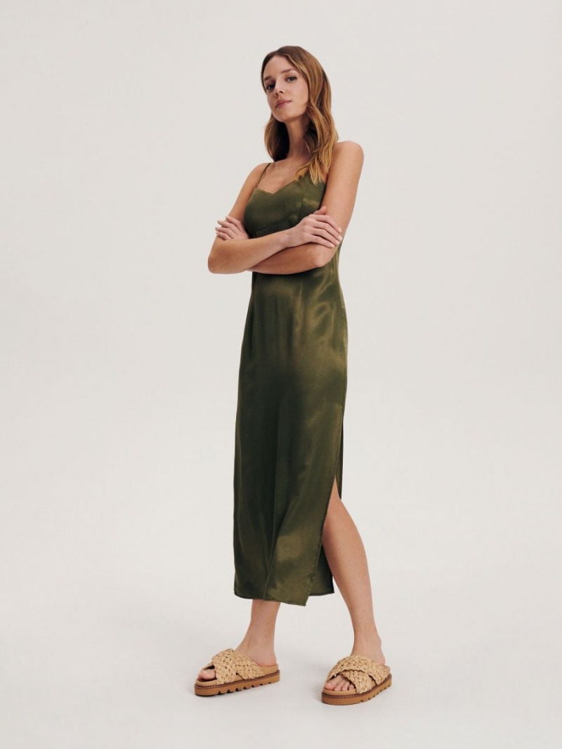 Reserved Satin viscose dress Khaki | ZYSBGNW-05