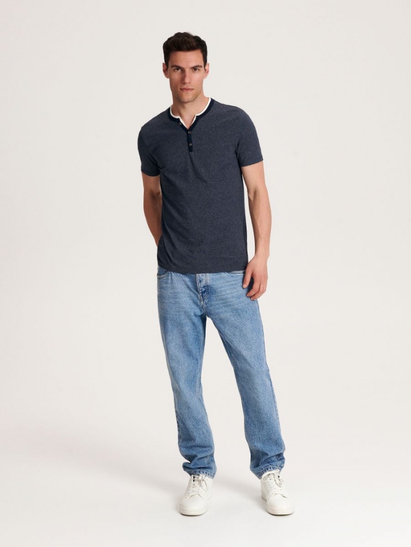 Reserved Slim fit T-shirt with button-fastened neck Granatowe | ONGHBAR-53