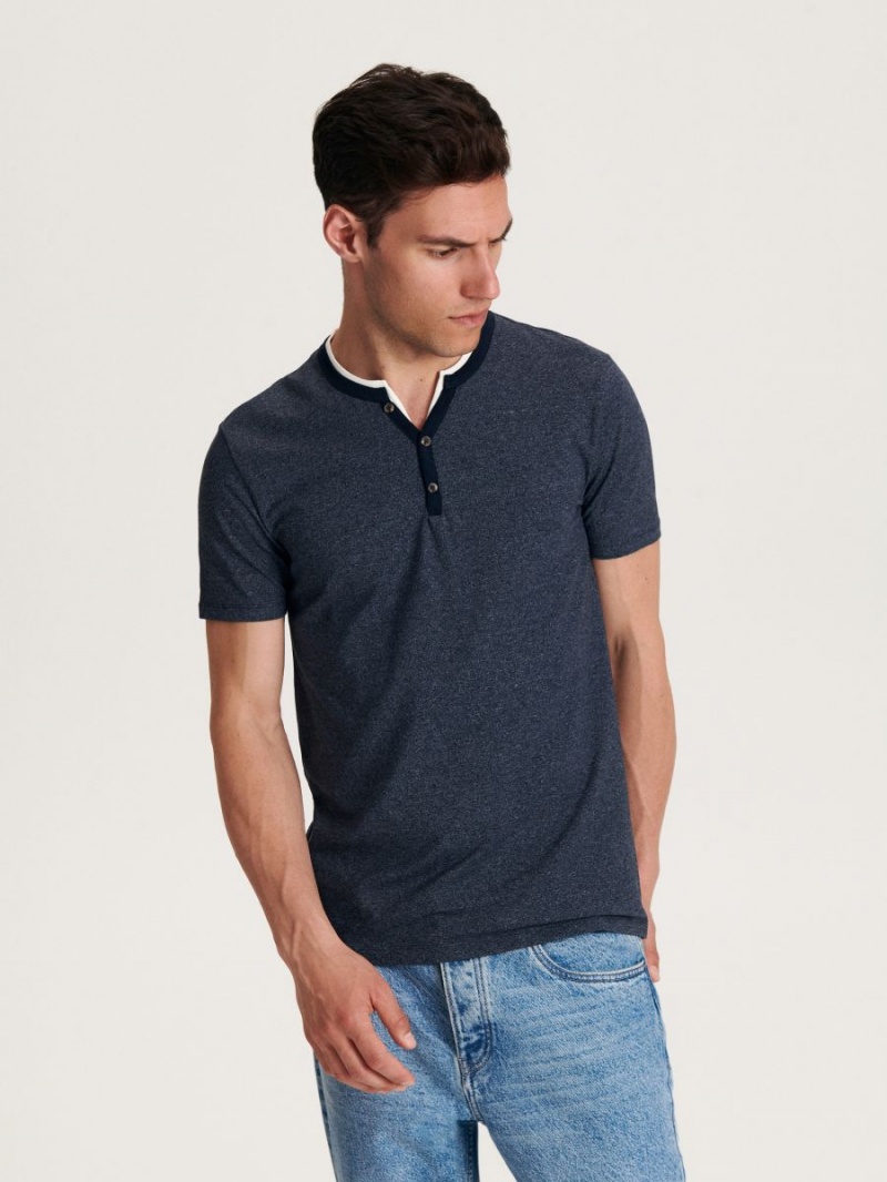 Reserved Slim fit T-shirt with button-fastened neck Granatowe | ONGHBAR-53