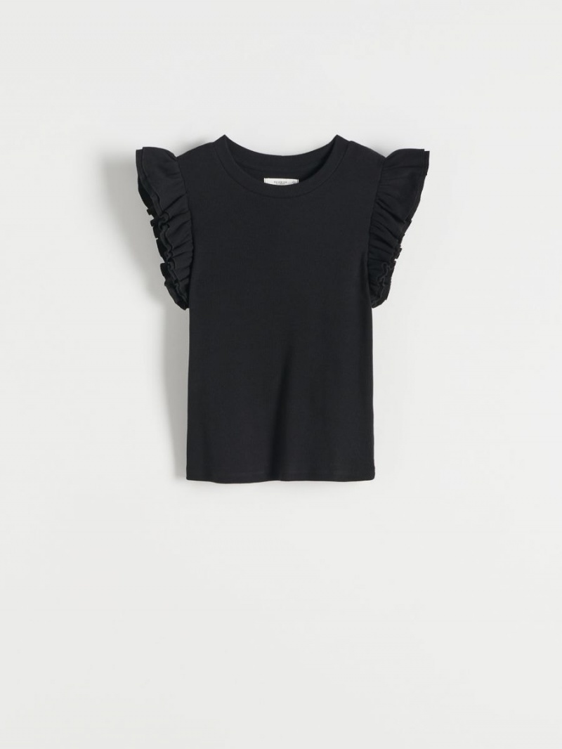 Reserved Slim fit T-shirt with ruffle details Czarne | XGRNFHL-19