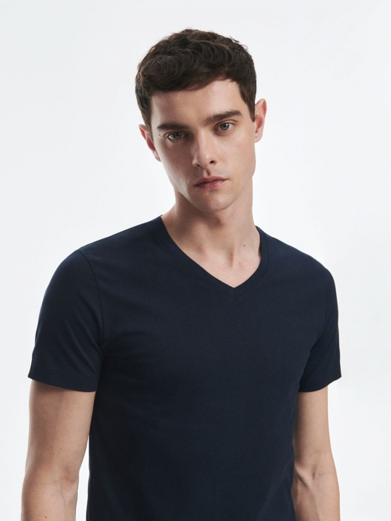 Reserved Slim fit V-neck T-shirt Granatowe | OZXAFHL-27