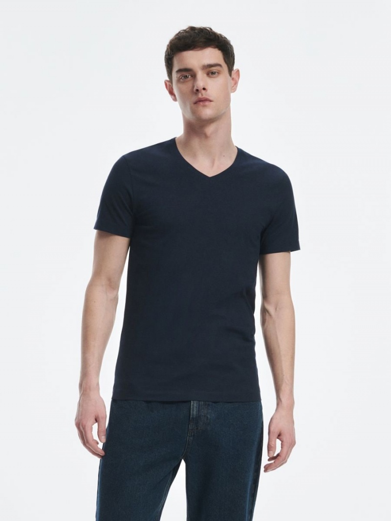 Reserved Slim fit V-neck T-shirt Granatowe | OZXAFHL-27