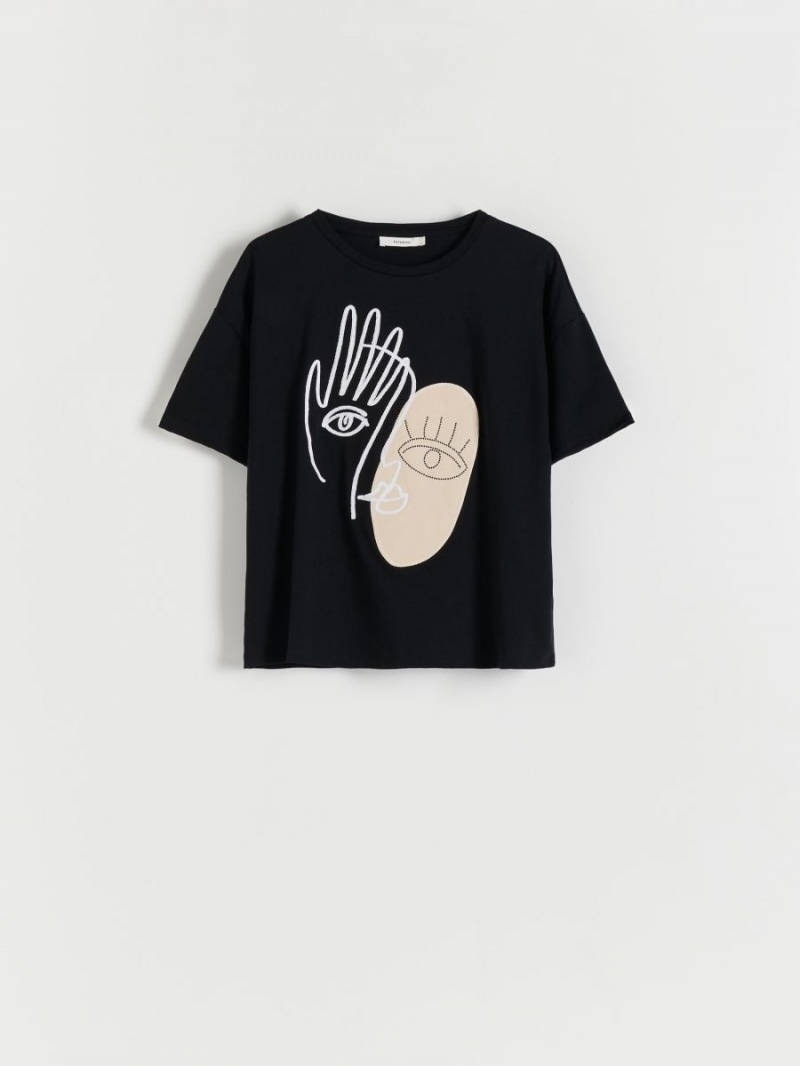 Reserved T-shirt with appliqué Czarne | HITKDOA-21