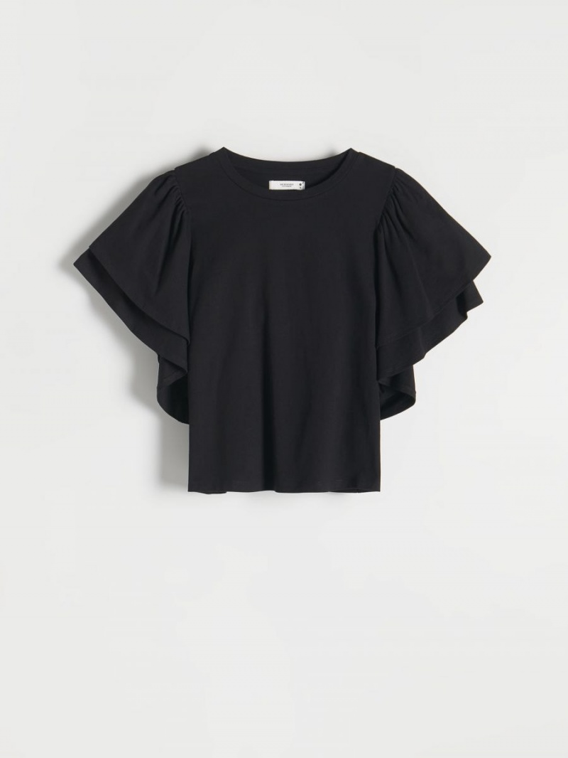 Reserved T-shirt with ruffle Czarne | EMKCPOZ-20